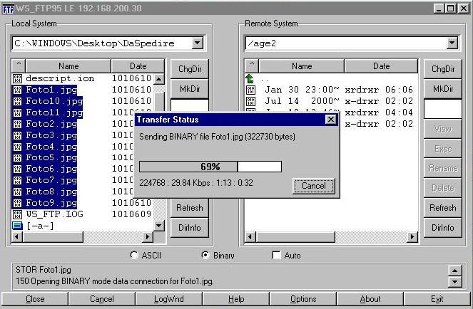 Esempio di un software in esecuzione che utilizza il protocollo Ftp per lo scambio di dati